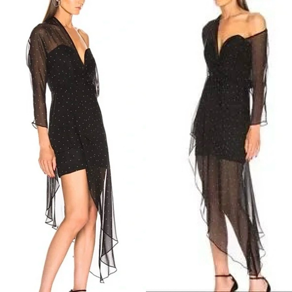 MICHELLE MASON One‎ Shoulder Silk Chiffon Dress in Black White Multidot Sz 6